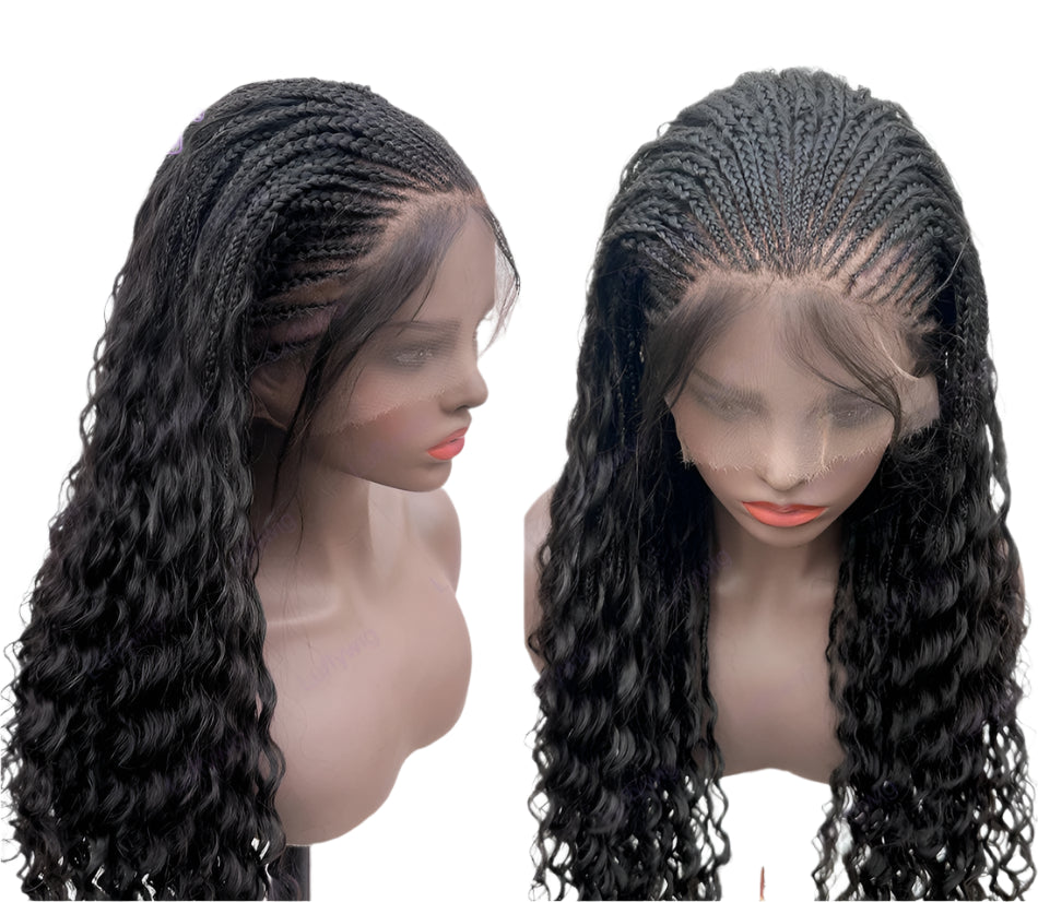 Long Braided Wigs | Knotless Cornrow Wig | HD Full Lace Wig | Human Hair | Boho Box Braids | Curly Braided Wig | Natural Black