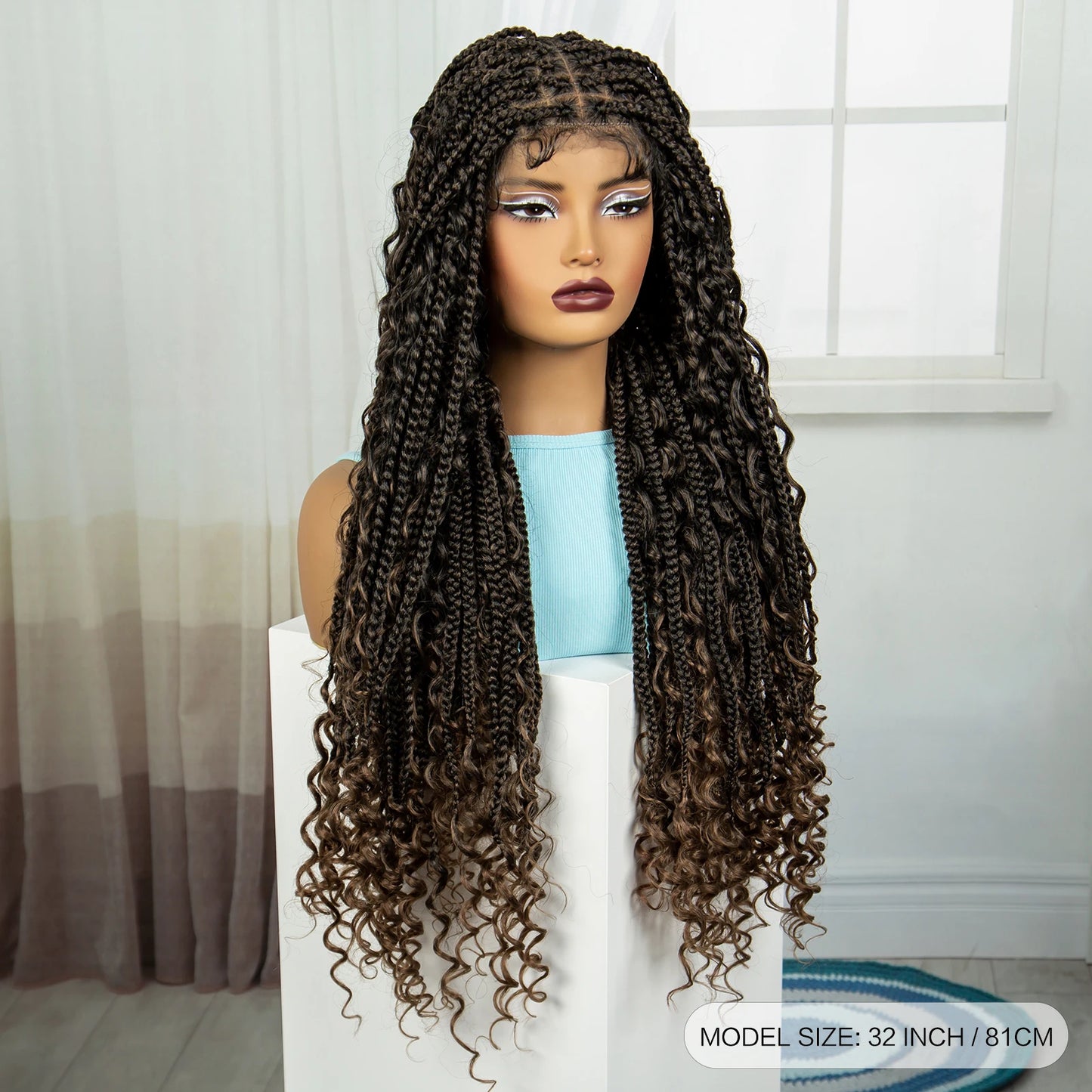 Burgundy Knotless Box Braids Wig with Curly Ends | Full Lace Handmade Luxegan