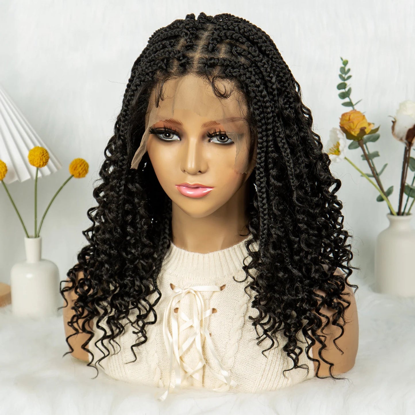 Short Bohemian Box Braids Wig | Full Lace | Curly Ends | Baby Hair | Synthetic Boho Wig Luxegan