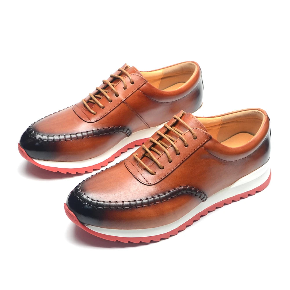 Classy Men's Genuine Leather Low Top Sneakers | Red Bottom Lace-Up Casual Dress Shoes (Breathable) Luxegan