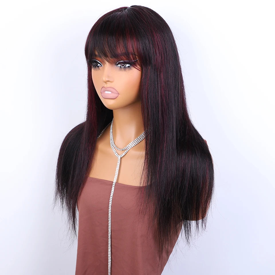 Burgundy Red & Black Bone Straight Wig with Bangs | Full Machine Made Human Hair (18-24") Luxegan