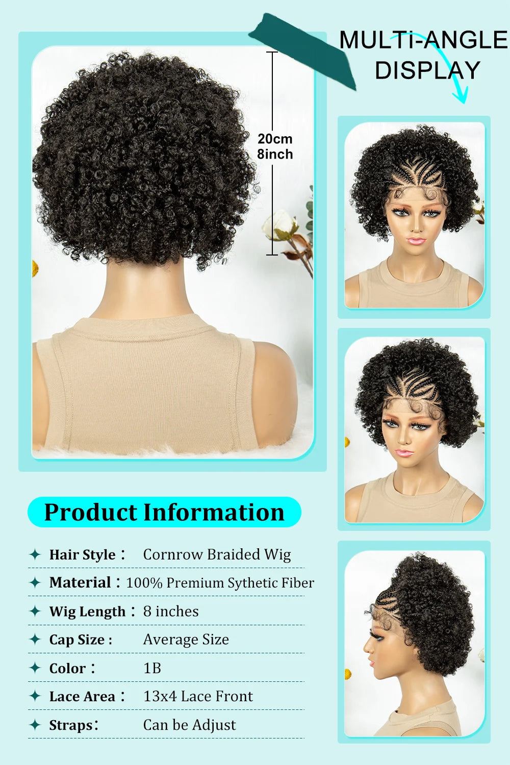 8" Afro Kinky Curly Bob Braided Wig | 13x4 Lace Frontal | Half Cornrows | Synthetic Braids for Black Women Luxegan