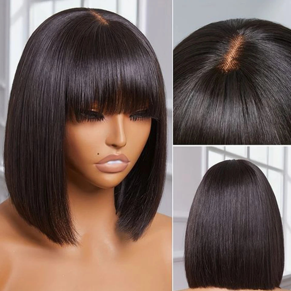 Mongolian Straight Bob Wig with Bangs | Glueless Middle Part Lace Human Hair (Realistic Scalp) Luxegan