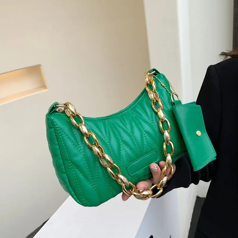Quilted Ruched Crescent Shoulder Bag | Sophisticated England-Style Chain Handbag | Elegant Half-Moon Purse with Coin Pouch | "Dignified" Soft TPU Carryall for Versatile Daily Styling Luxegan
