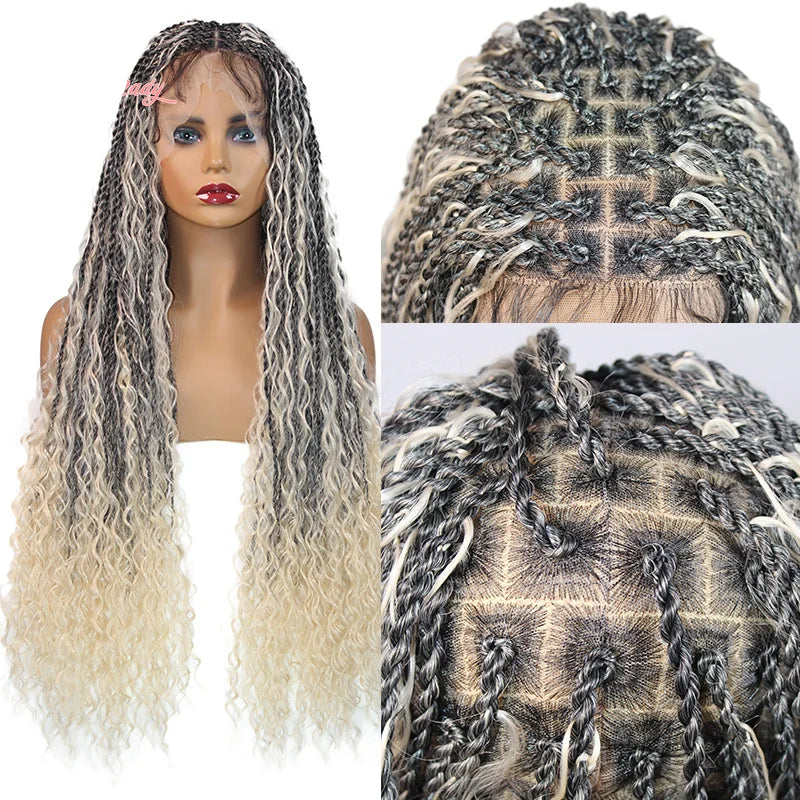 Bohemian Box Braided Wig | Full Lace Senegalese Twist & Goddess Locs Styles | Synthetic Braided Wig | Light Brown Lace
