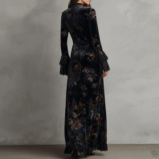 Printed Petal Sleeve Mermaid Maxi Dress – Crew Neck, Empire Waist, Autumn/Winter Luxegan