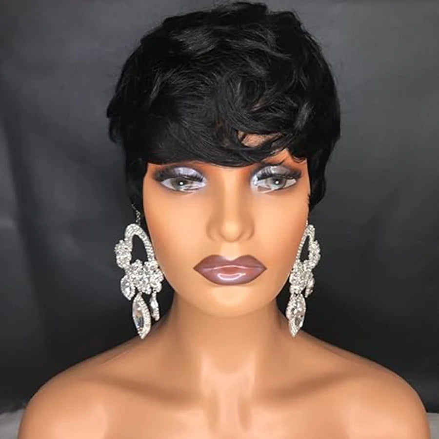 Pixie Cut Human Hair Wig | Natural Color Wavy Remy Hair | Short Cut Wig Luxegan
