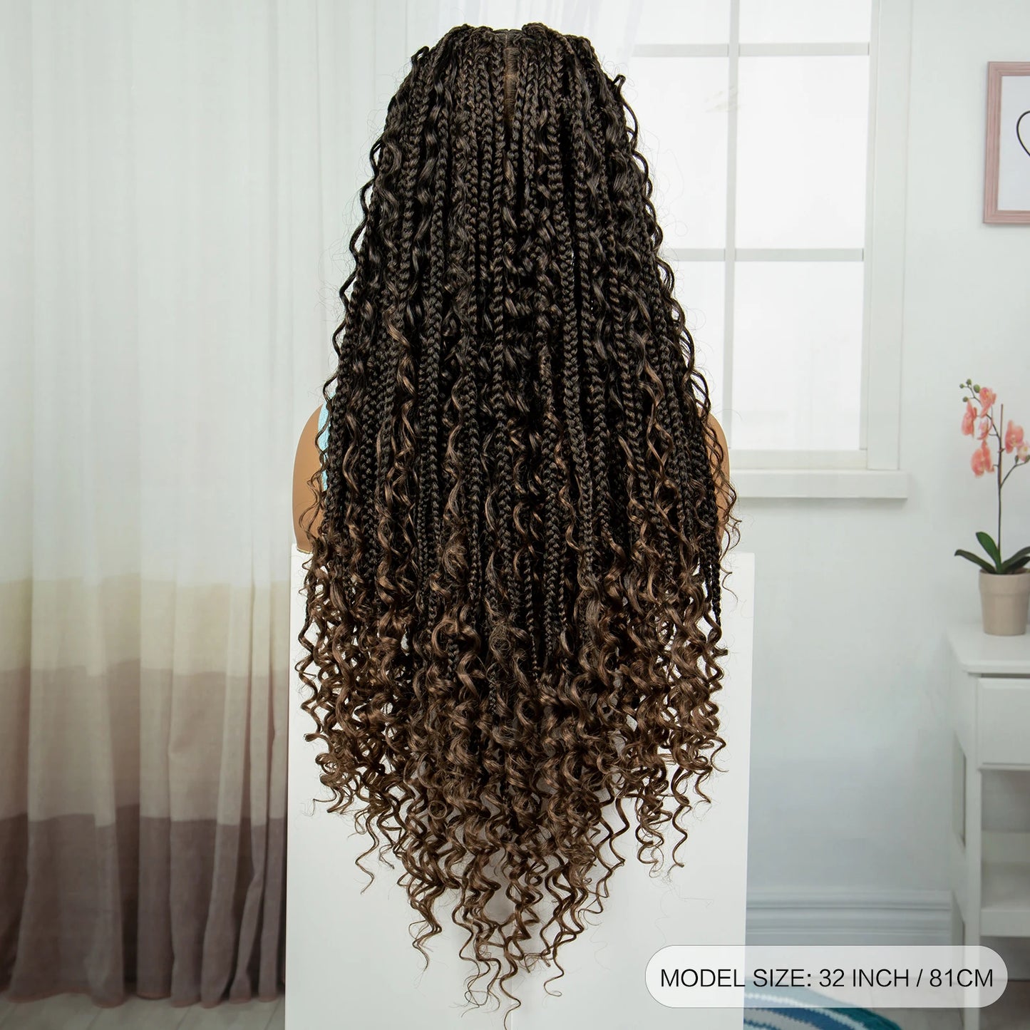 Burgundy Knotless Box Braids Wig with Curly Ends | Full Lace Handmade Luxegan