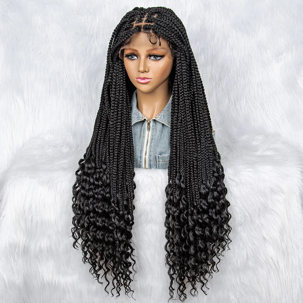 36" Knotless Cornrow Braids Wig | Lace Front with Curly Ends & Baby Hair Luxegan