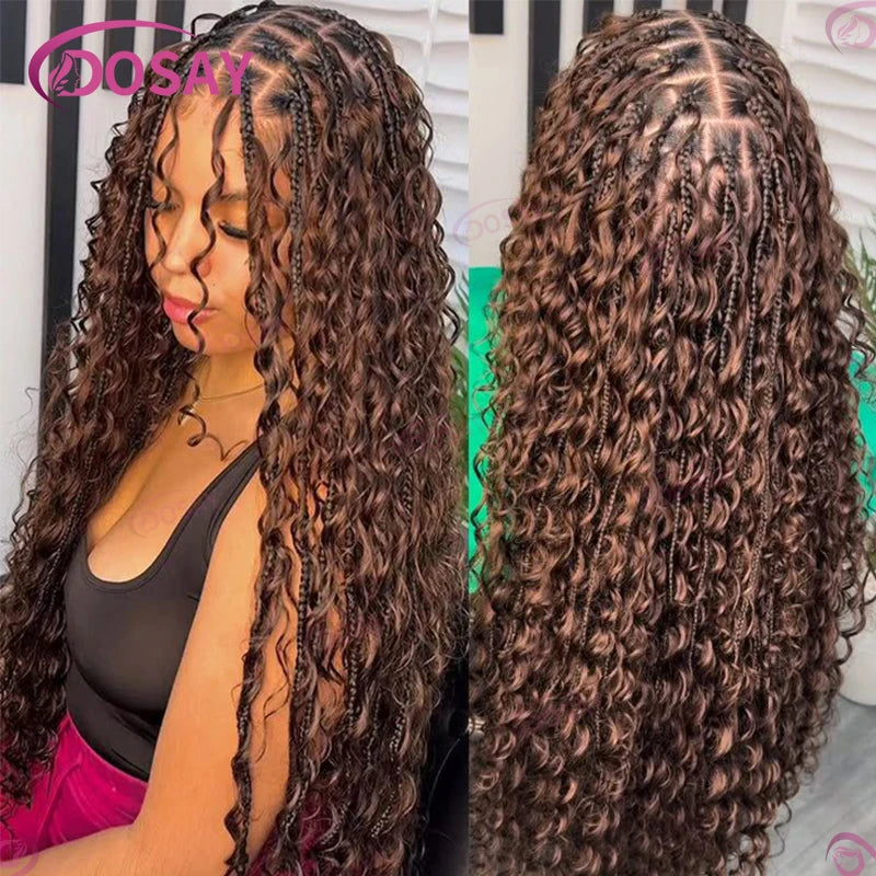 Boho Box Braided Wigs Synthetic Curly Wig Full Lace Front Wigs For Women 32" Goddess Braids Wig African Bohemian Braiding Hair Luxegan