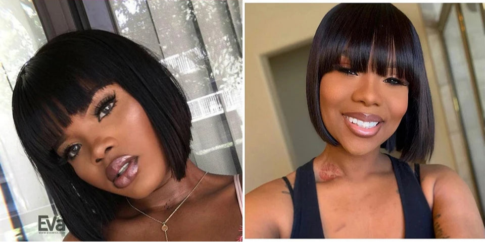 Short Straight Bob Human Hair Wig with Bangs | Full Machine Made Remy Hair | Natural Color Luxegan