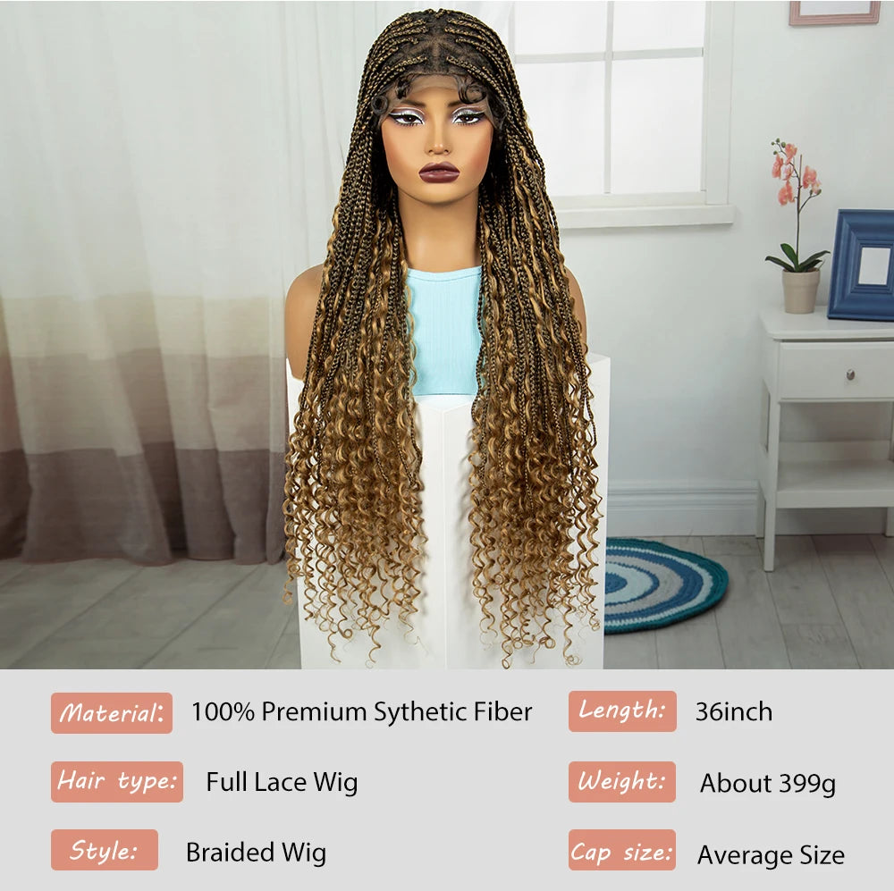 36" Ombre Boho Knotless Braids Wig | Curly Ends | HD Full Lace | Baby Hair Luxegan