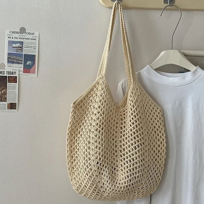 Large Capacity Cotton & Straw Woven Shoulder Bag | Ladies Handmade Wicker Style Beach Tote | Casual Messenger Handbag for Women | Versatile Summer Travel Shopper Luxegan