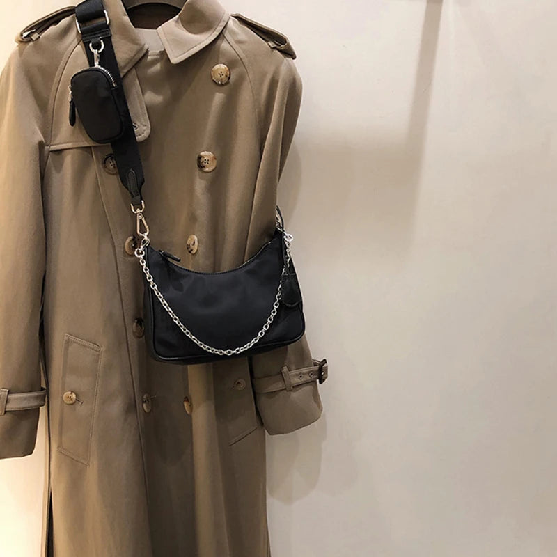 Casual Nylon Waterproof Shoulder Hobo Bag | Fashion Cool Black Chain Handbag Luxegan
