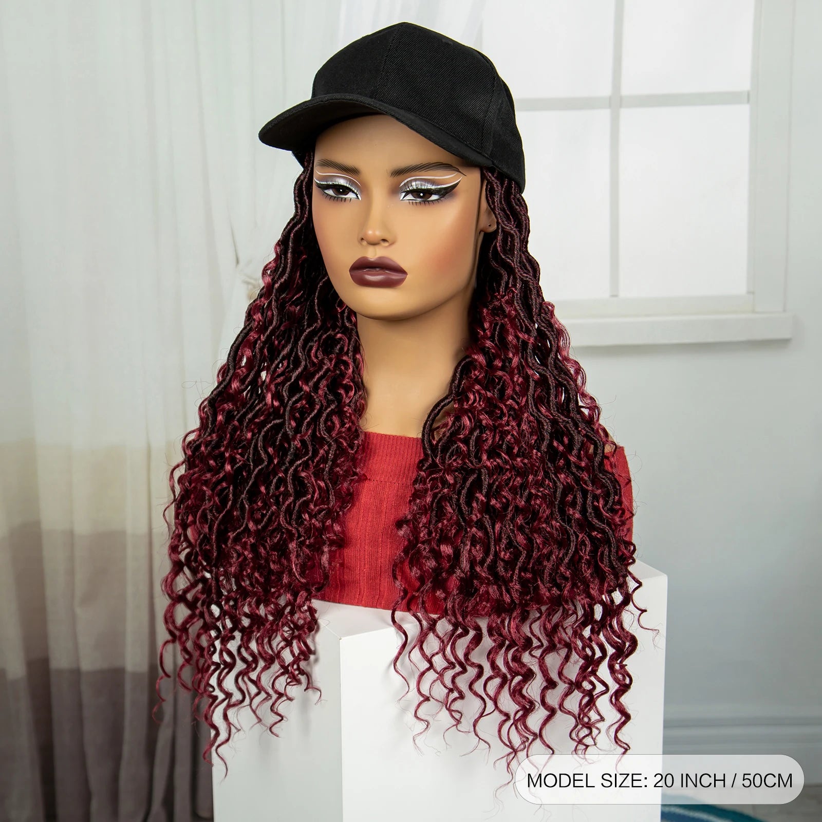 Burgundy Braided Hat Wig with Curly Ends | Knotless Braids | Adjustable Cap Luxegan