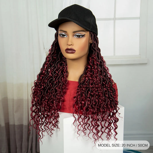 Burgundy Braided Hat Wig with Curly Ends | Knotless Braids | Adjustable Cap Luxegan
