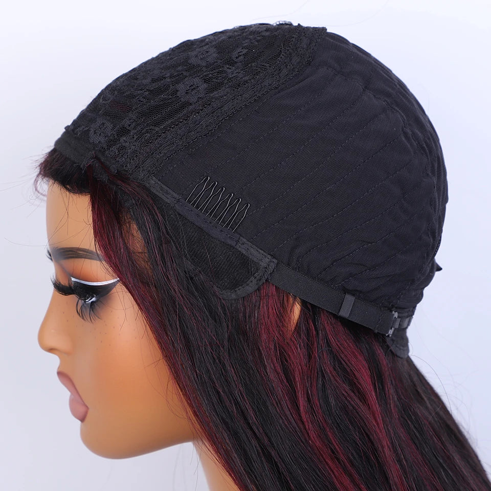 Burgundy Red & Black Bone Straight Wig with Bangs | Full Machine Made Human Hair (18-24") Luxegan