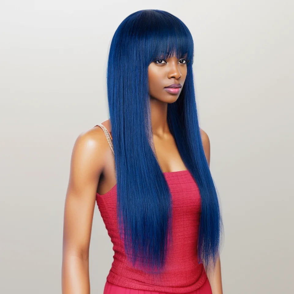 Royal Blue Straight Wig with Bangs | Glueless "Wear to Go" Human Hair Luxegan