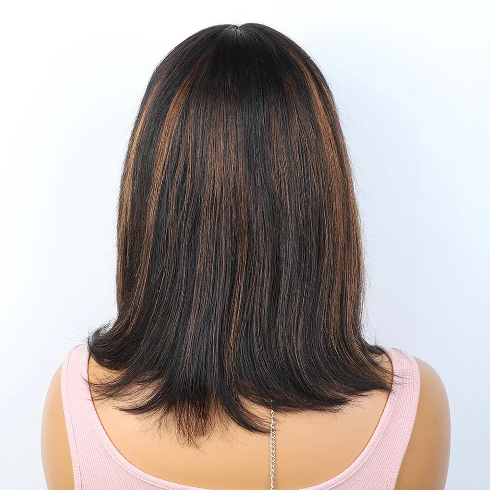 Ombre #4/27 Straight Bob Wig with Bangs | Human Hair Lace Top & Realistic Scalp Luxegan