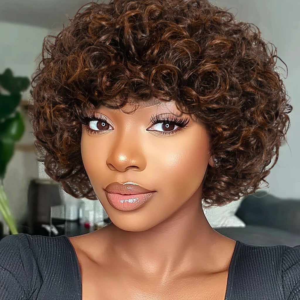 Sleek Short Pixie Afro Kinky Curly Wig with Bangs | Glueless Malaysian Human Hair Bob Luxegan