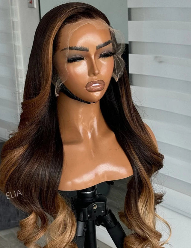 32 Inch Ombre Brown Body Wave Wig | 13x4 Transparent Lace Front Peruvian Remy Human Hair (On Sale) Luxegan