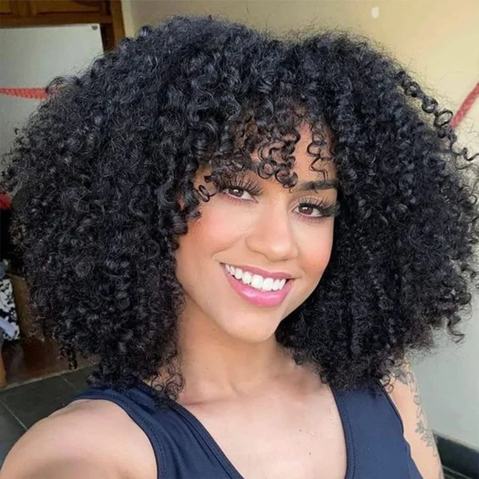 250% Density Afro Kinky Curly Wig with Bangs | Brown Glueless Human Hair Luxegan