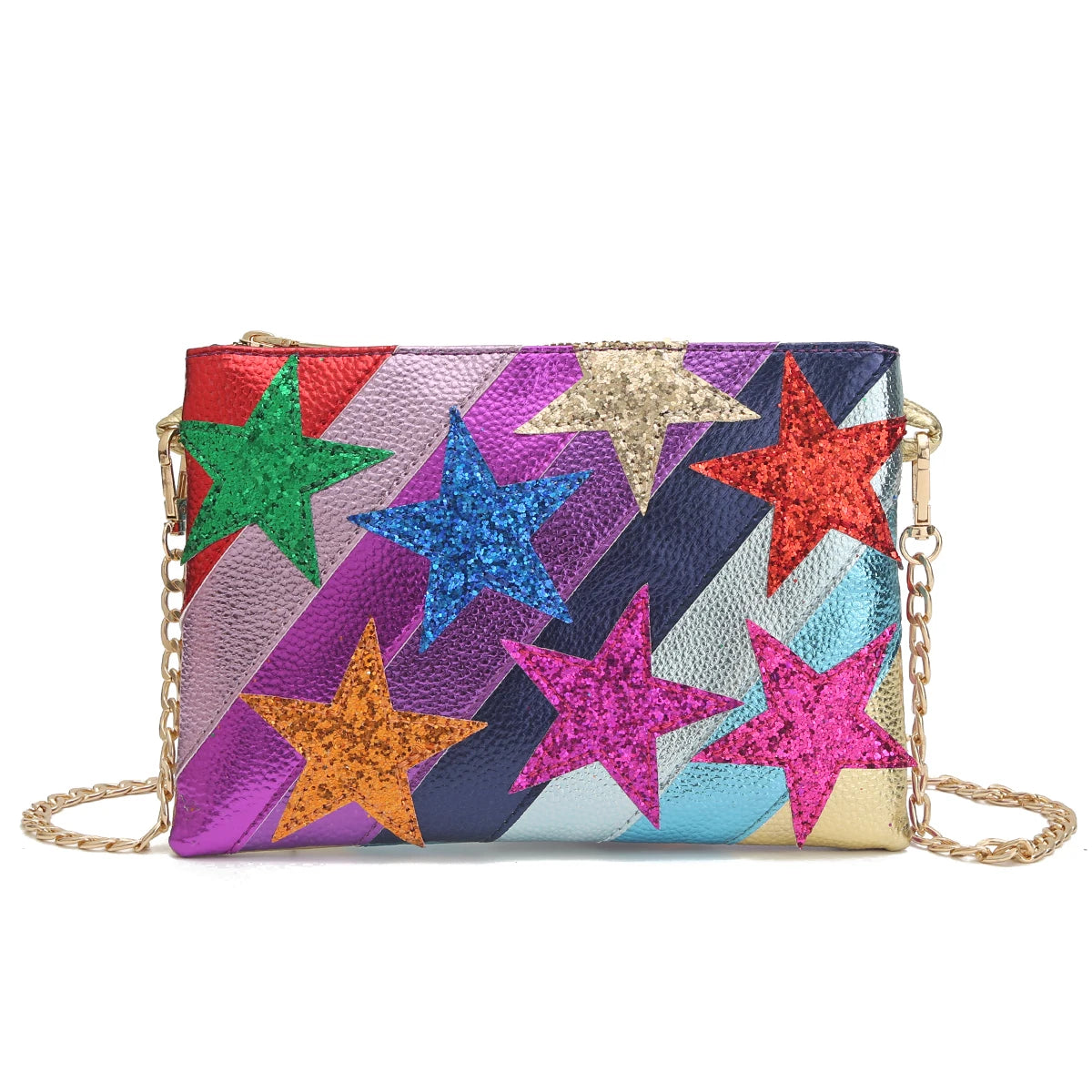 Fashion Women’s Metallic PU Leather Square Clutch | Funky Stars & Colorful Stripes Shoulder Bag | Trendy Patchwork Party Handbag with Chain Strap | Statement Prom & Date Night Purse (Model CRP-2402031) Luxegan