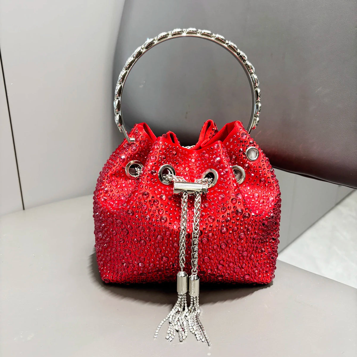 Luxury Designer Rhinestone Evening Clutch | Shiny Crystal Bucket Handbag & Fashion Shoulder Bag Luxegan