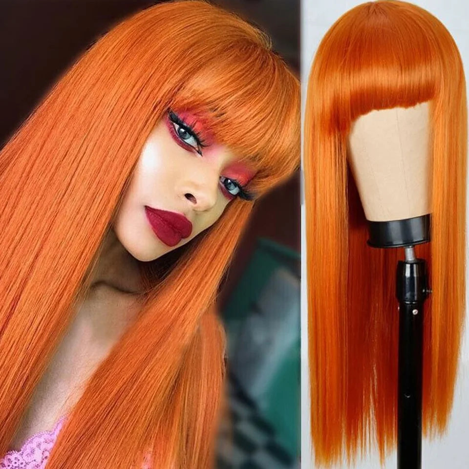 Dirty Pink Straight Human Hair Wig with Bangs | Full Machine Made Brazilian Remy for Women (Wear & Go) Luxegan