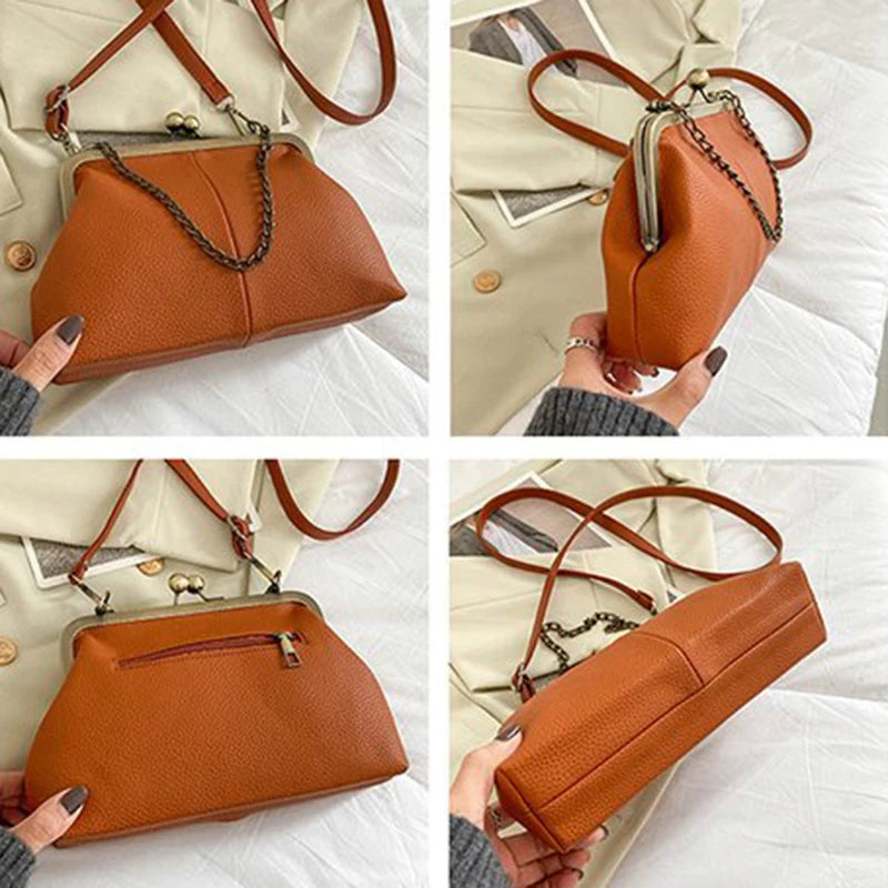 Vintage PU Shell Bag | Lychee Pattern Clip Chain Shoulder & Crossbody Luxegan