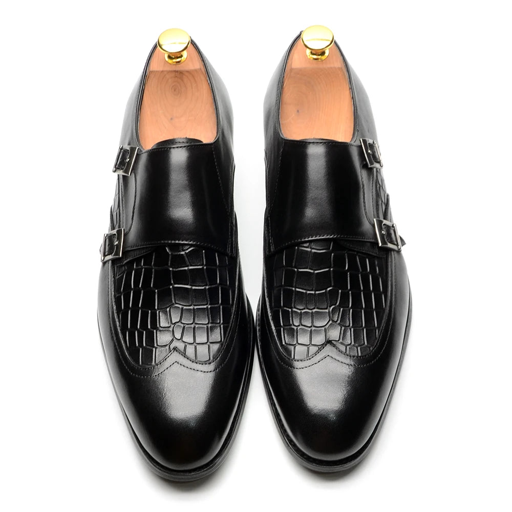 Elegant Men's Genuine Leather Monk Strap Shoes | Stone Pattern Print Double Buckle & Cap Toe (Business, Party, Social) Luxegan