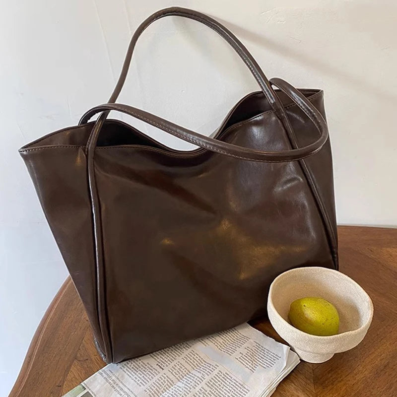 Large Capacity PU Leather Commuter Tote | Soft Shoulder Book Pack Luxegan
