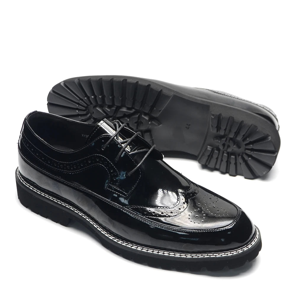 Luxury Men's Black Patent Leather Wingtip Brogue Oxfords | Thick Sole Formal Dress Derby Shoes (Height Increasing) Luxegan