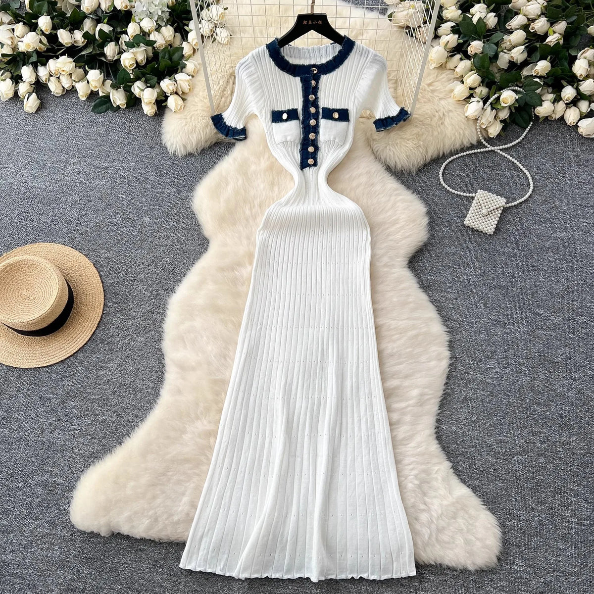 Chic Sexy Packages Knitted Maxi Dress | Vintage Denim Patchwork Long Sweater Dress | Elegant Button Accent O-Neck Slim Party Gown | Premium Medium Stretch A-Lineidos Luxegan