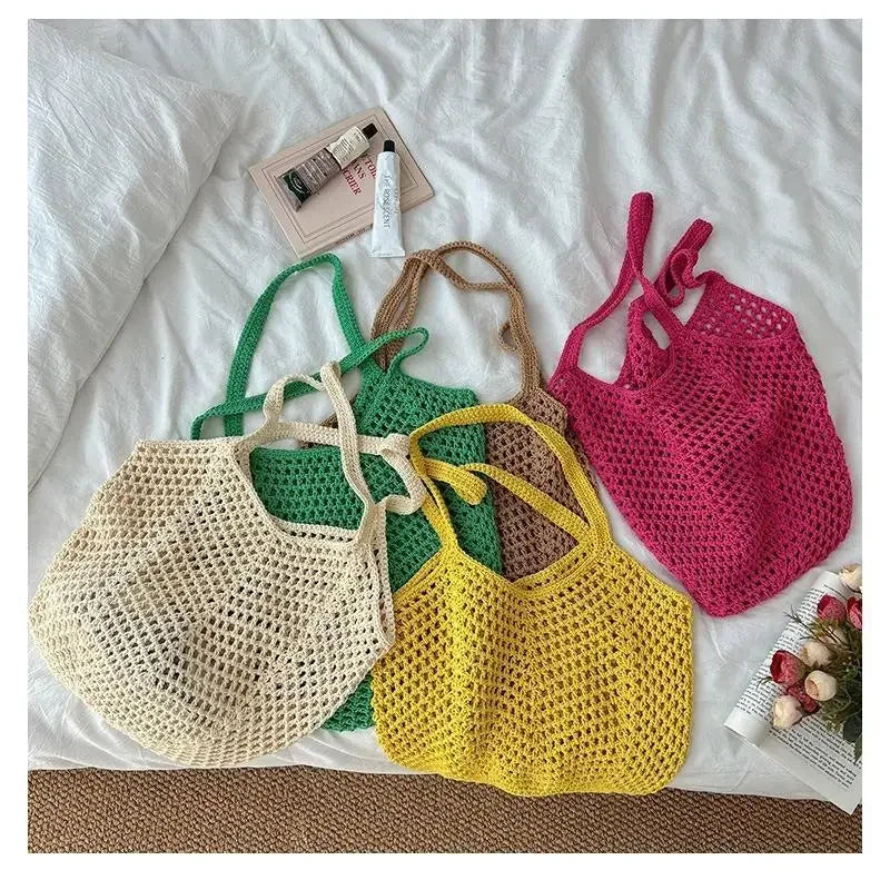 Large Capacity Cotton & Straw Woven Shoulder Bag | Ladies Handmade Wicker Style Beach Tote | Casual Messenger Handbag for Women | Versatile Summer Travel Shopper Luxegan