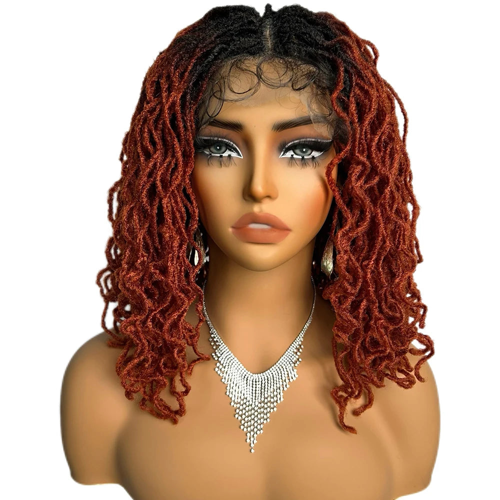 14" Copper Red Faux Locs Lace Front Wig | Short Twist Dreadlocks | Synthetic Braided Wig Luxegan
