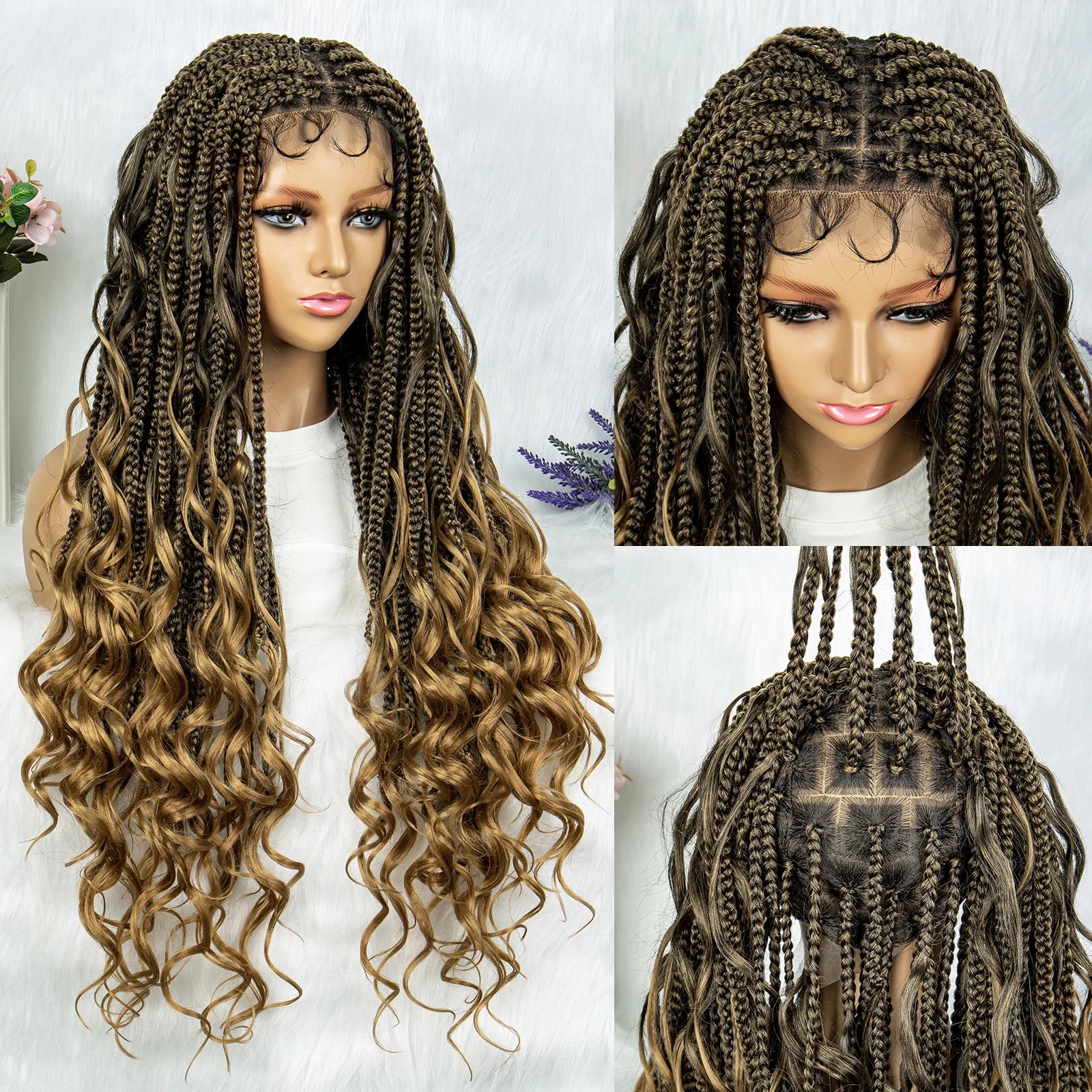 34" Full Lace Knotless Braided Wig with Baby Hair | Synthetic Lace Front Wig for Black Women | Long Braids Luxegan