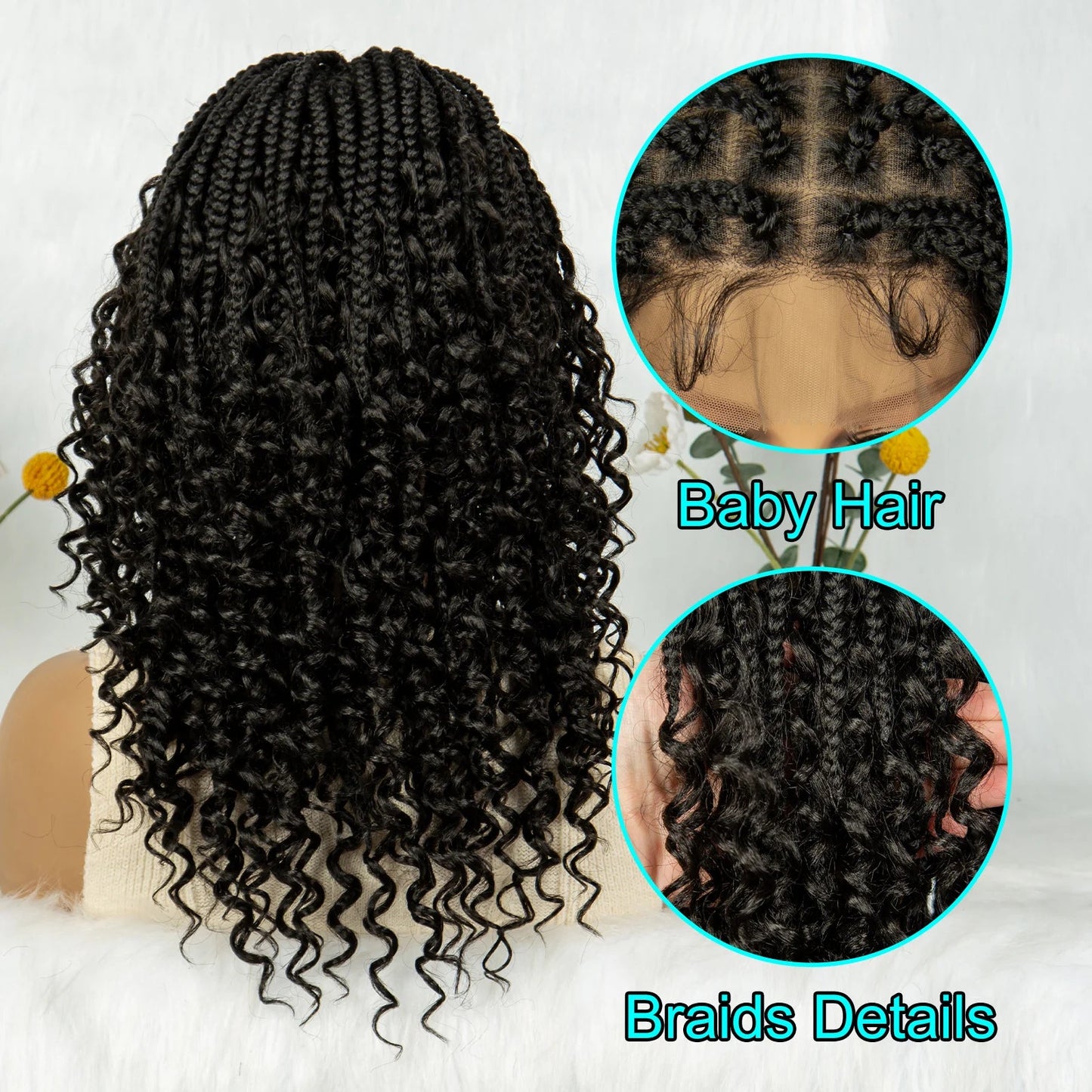 Short Bohemian Box Braids Wig | Full Lace | Curly Ends | Baby Hair | Synthetic Boho Wig Luxegan