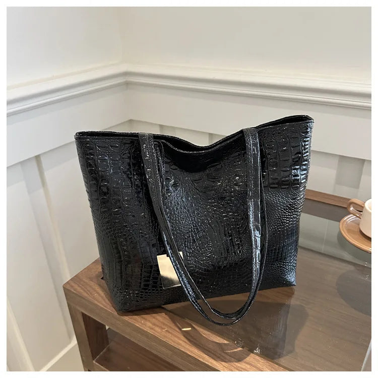 PU Leather Crocodile Casual Tote | Soft Silver/Gold/Black Big Shoulder Bag Sac Luxegan