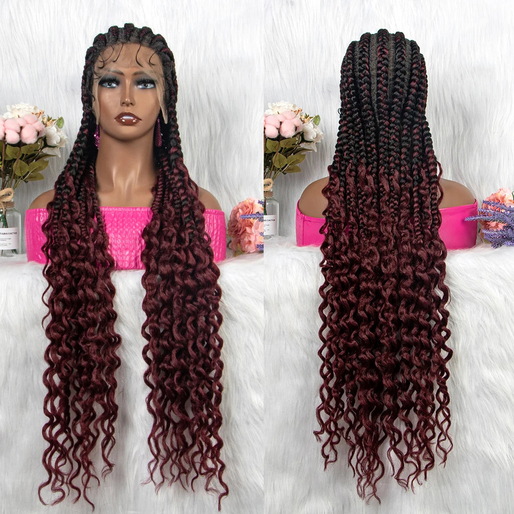 36" Cornrow Braids Wig with Curly Ends | Transparent Full Lace | Baby Hair Luxegan