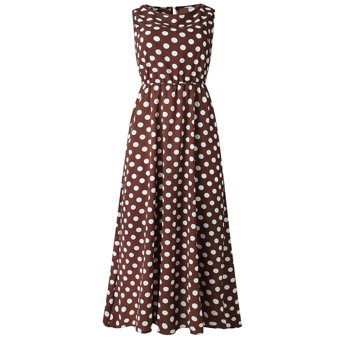 Women's Polka Dot Boho Summer Beach Sundress | Elegant Sleeveless Belted Evening Party Dress | Vintage O-Neck High Stretch Holiday Maxi Dress | Premium Cotton Polyester A-Line Luxegan