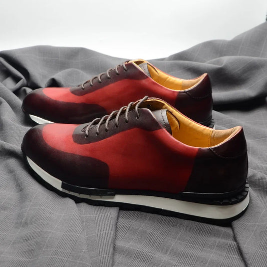 Luxury Genuine Leather Oxford Sneakers | Sophisticated Hand-Painted Whole-Cut Design | Elegant "Red-Dark Brown" Lace-Up Male Footwear | "Dignified" Handmade Sheepskin Insole Shoes for Radiant Versatile Styling Luxegan