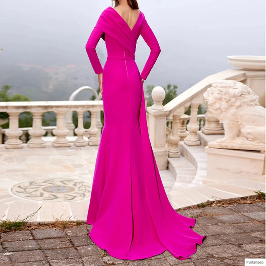 Pleat Backless Mermaid Evening Gown | V-Neck Full Sleeve Floor-Length Prom Dress - view 2