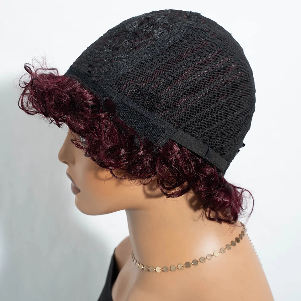 Sleek Short Pixie Afro Kinky Curly Human Hair Wig | Glueless Natural Brown 99J Bob with Bangs Luxegan