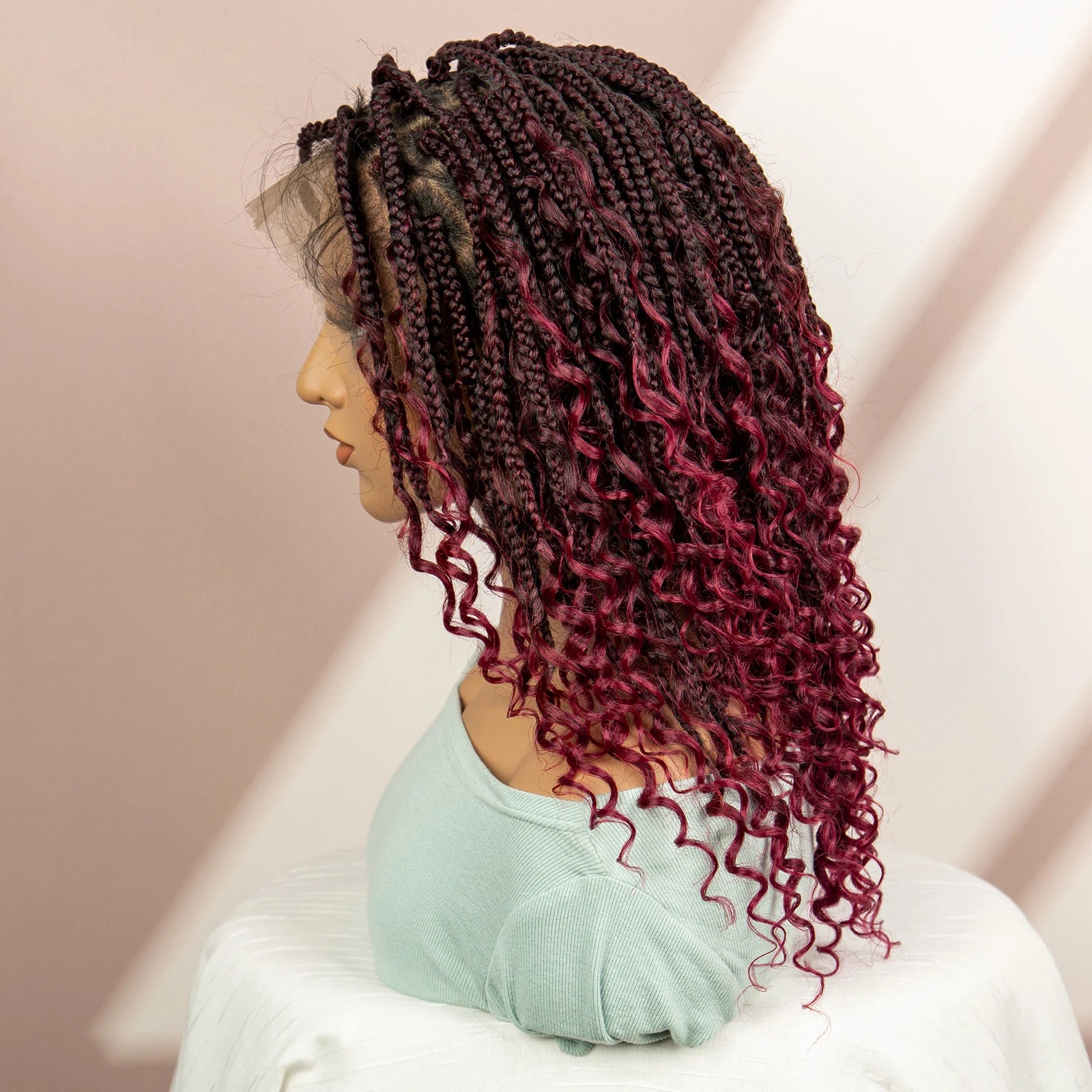 99J Burgundy Knotless Box Braids Wig with Curly Ends | Full Lace Luxegan