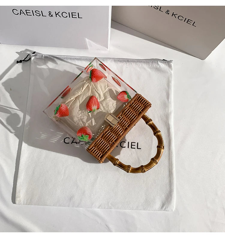 Transparent Acrylic Patterned Square Box Bag | Handmade Bamboo Woven Handheld Bag | Luxury Fashion Holiday Beach Handbag & Vacation Clutch Luxegan