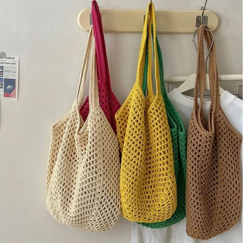 Large Capacity Cotton & Straw Woven Shoulder Bag | Ladies Handmade Wicker Style Beach Tote | Casual Messenger Handbag for Women | Versatile Summer Travel Shopper Luxegan