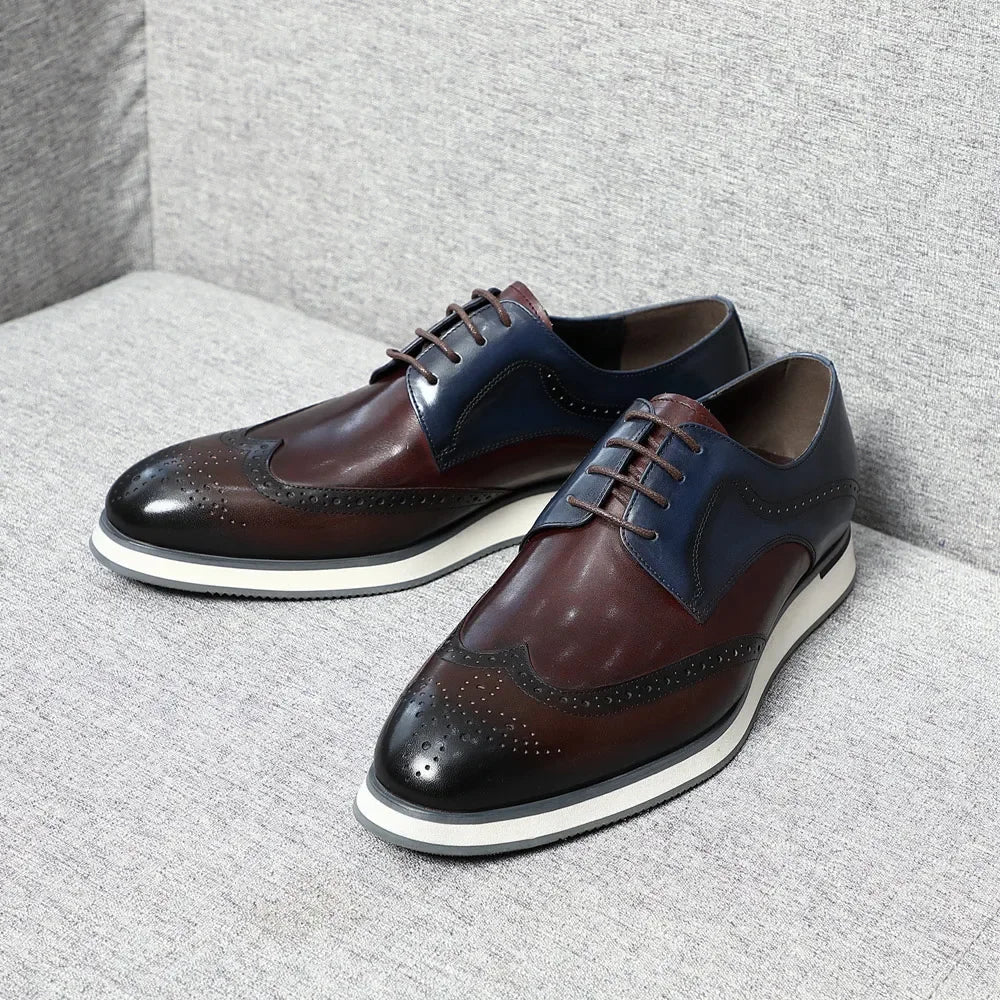 Luxury Men's Real Cow Leather Three-Color Wingtip Derby Shoes | Top Designer Original Casual Sneakers (Breathable) Luxegan