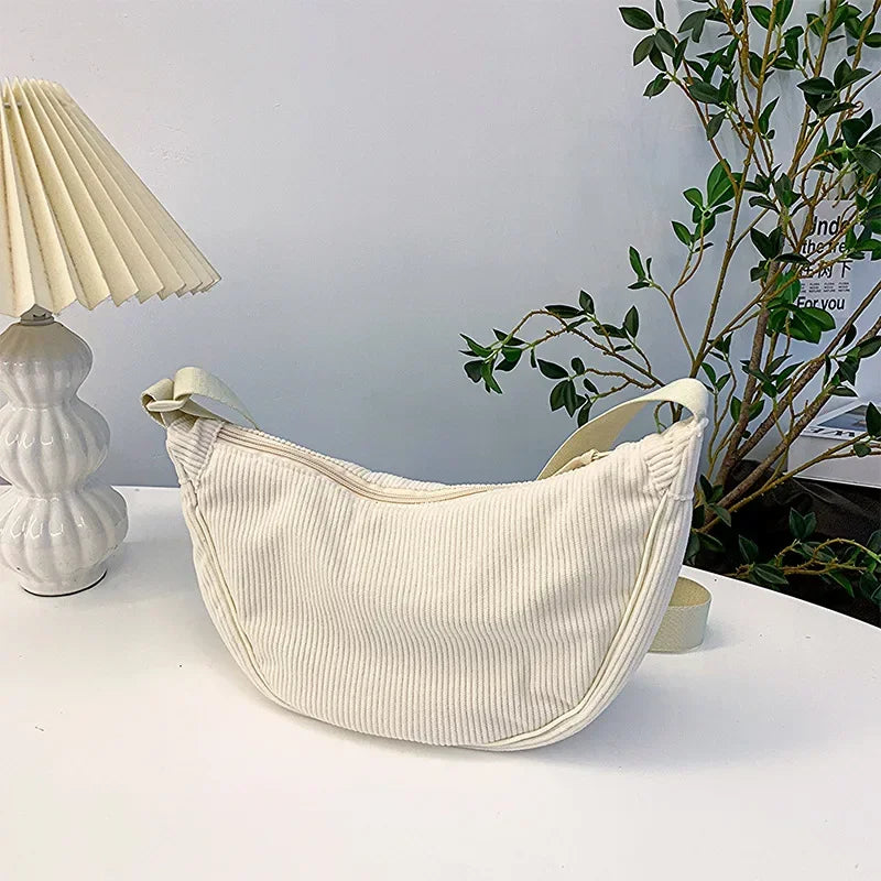 Solid Color Corduroy Women's Hobos Shoulder Bag | Retro Casual Female Crossbody Bags | Ladies Daily Travel Handbags Messenger Bag Luxegan