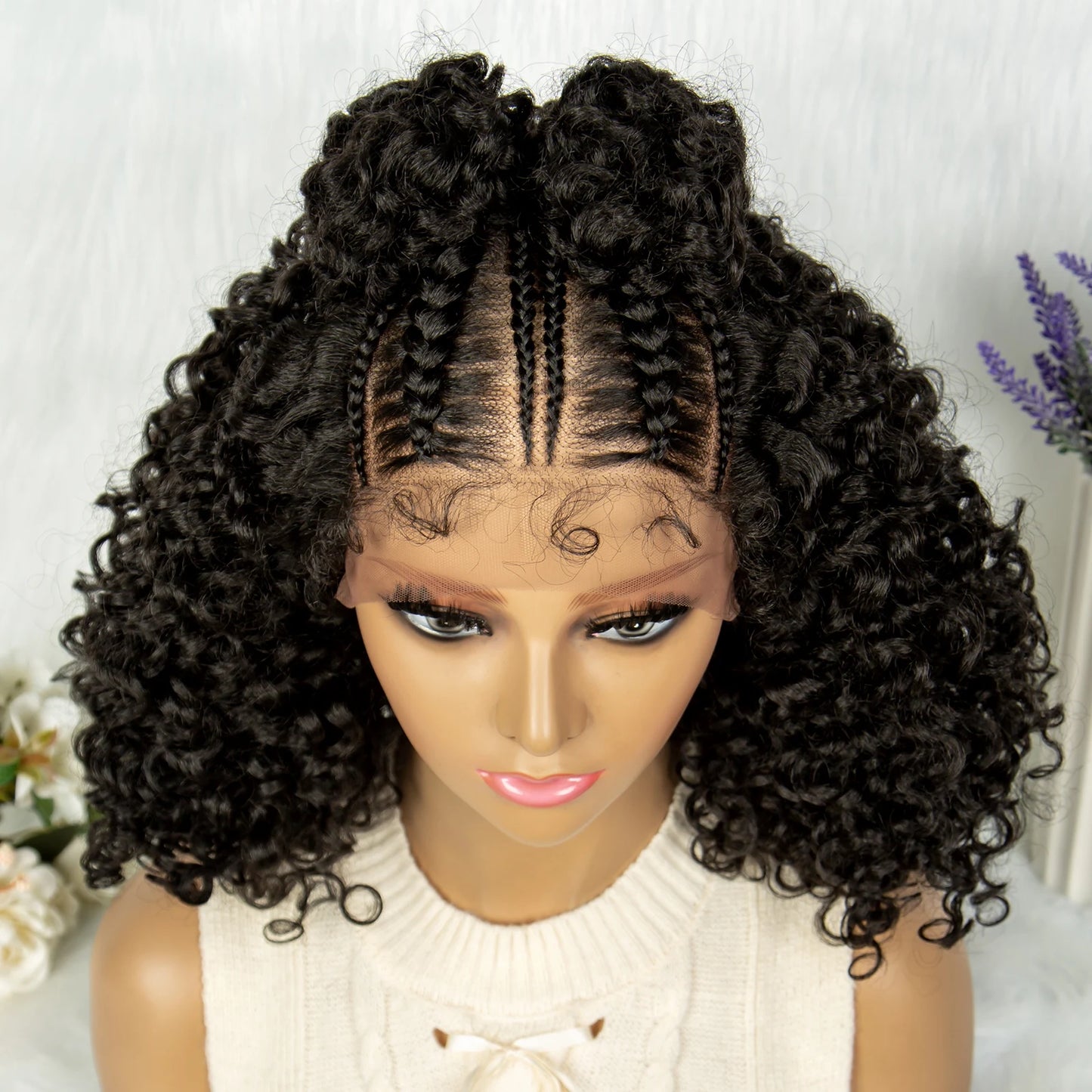 16" Kima Cornrow Twist Curly Bob Wig with Braided Top Knot Bun | 13x4 Lace Front Synthetic Hair Luxegan